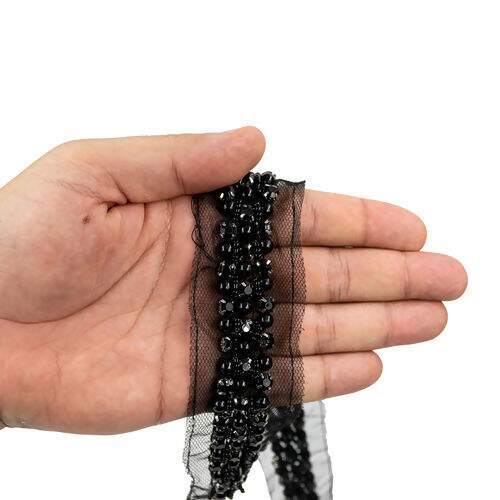 Bordado em Tule Preto 20 mm Strass c/ Miçanga e Pérola- 1 Metro