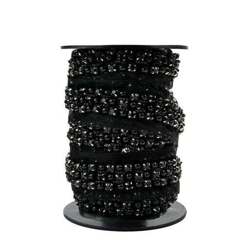 Bordado em Tule Preto 20 mm Strass c/ Miçanga e Pérola- 1 Metro