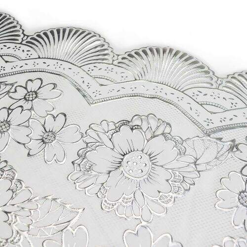 Caminho de Mesa Plástico Rendado 0,50m Largura - 1 Metro Cor: Silvery Metalizado Prata