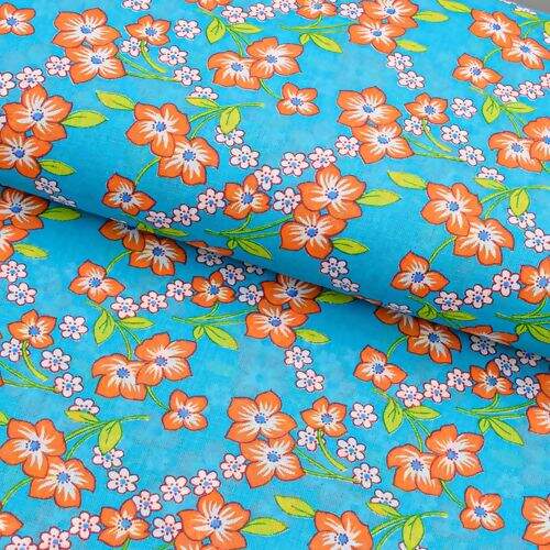 Tecido Chita de Algodão (Meio Metro) Ref. 2868V2 - Turquesa/Laranja/Branco