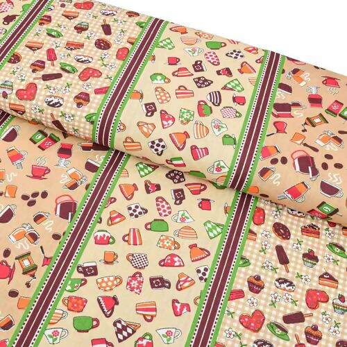 Tecido de Algodão Estampado (Meio Metro) - Barrado Cozinha Fundo Bege