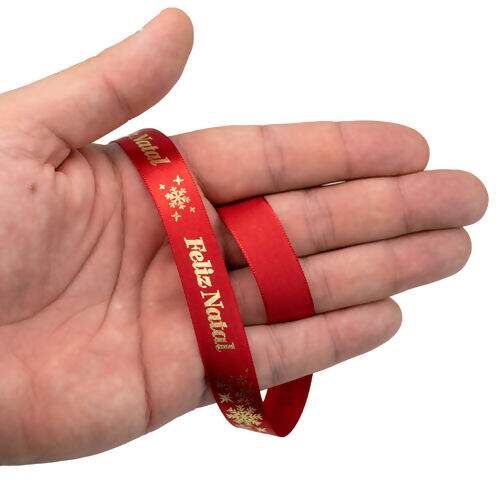 Fita de Cetim Estampada 15 mm Cor 400 Frase Feliz Natal Vermelho - Peça c/ 10 mt