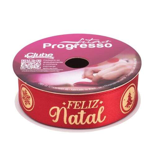 Fita de Cetim Estampada 22 mm Cor 938 Frase Feliz Natal Vermelho - Peça c/ 10 mt