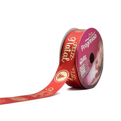 Fita de Cetim Estampada 22 mm Cor 938 Frase Feliz Natal Vermelho - Peça c/ 10 mt