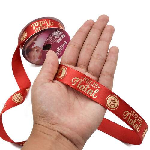Fita de Cetim Estampada 22 mm Cor 938 Frase Feliz Natal Vermelho - Peça c/ 10 mt