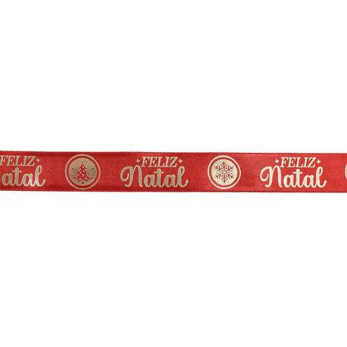 Fita de Cetim Estampada 22 mm Cor 938 Frase Feliz Natal Vermelho - Peça c/ 10 mt