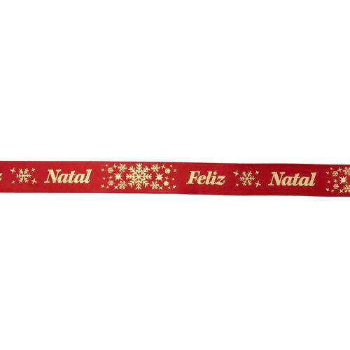 Fita de Cetim Estampada 22 mm Cor 792 Frase Feliz Natal Vermelho - Peça c/ 10 mt