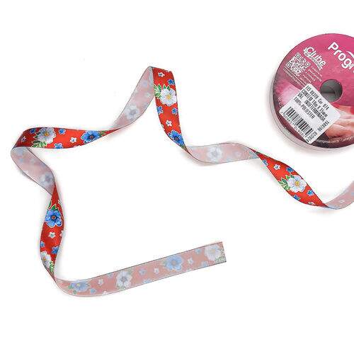 Fita de Cetim Estampada 15 mm Cor 074 Chita Vermelho - Peça c/ 10 mt