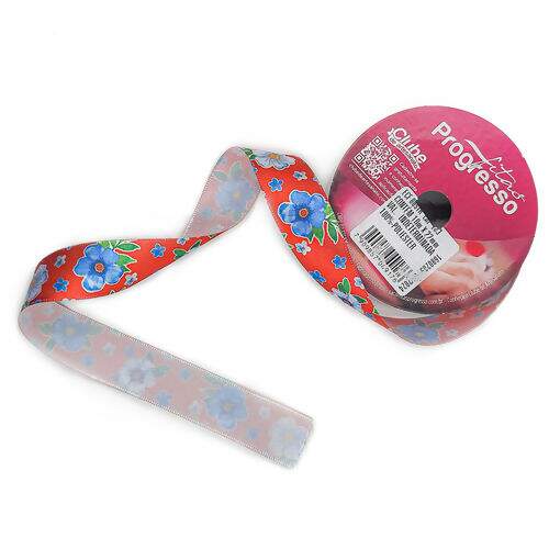 Fita de Cetim Estampada 22 mm Cor 183 Chita Vermelho - Peça c/ 10 mt