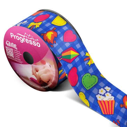 Fita de Gorgurão Estampada 38 mm Junina Azul - Peça c/ 10 mt