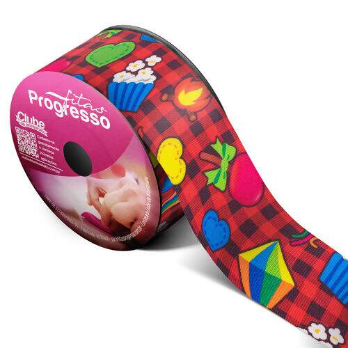 Fita de Gorgurão Estampada 38 mm Junina Vermelho - Peça c/ 10 mt