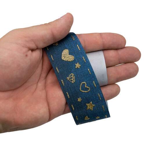 Fita de Gorgurão Estampada 38 mm Linha Glitter Digital Corações Cor 002 Dourado - Peça c/ 10 mt