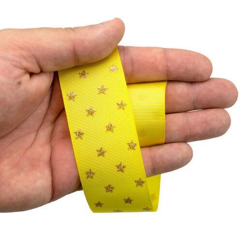 Fita de Gorgurão Estampada 38 mm Linha Glitter Estrelas Cor 036 Amarelo - Peça c/ 10 mt