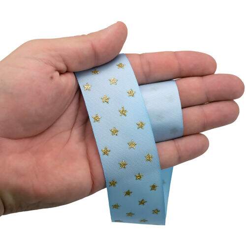 Fita de Gorgurão Estampada 38 mm Linha Glitter Estrelas Cor 035 Azul Bebê - Peça c/ 10 mt