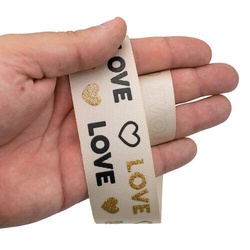 Fita de Gorgurão Estampada 38 mm Linha Glitter 2 Cores Love Cor 018 Bege e Preto - Peça c/ 10 mt