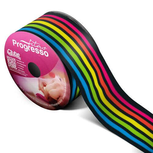 Fita de Gorgurão Estampada 38 mm Cor 132 Listras Multicolor Fundo Preto - Peça c/ 10 mt