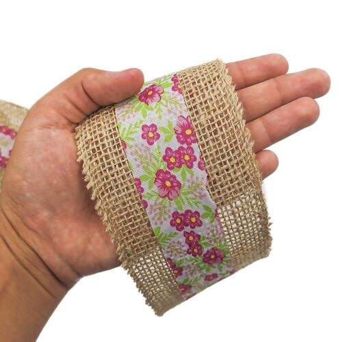 Fita de Juta com Chita 80 mm Rosa Rolo com 9,5 Metros