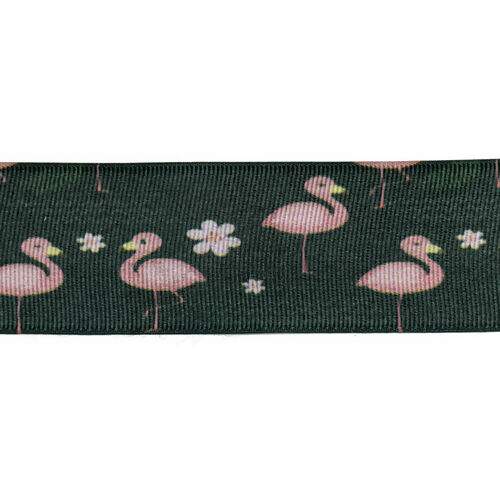Fita de Gorgurão Estampada 38 mm Flamingo Fundo Preto - Peça c/ 10 mt