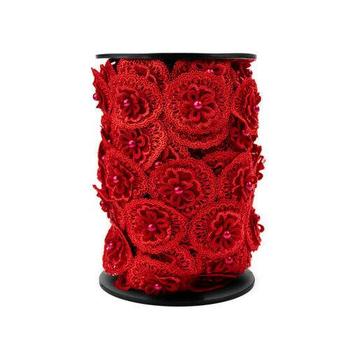 Guipir com Margarida de Veludo e Pérola Vermelho - 1 Metro