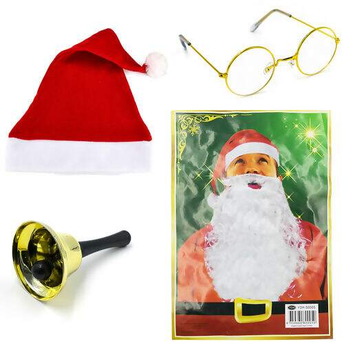 Kit Papai Noel Gorro de Veludo Barba Óculos Sino - 04 Peças