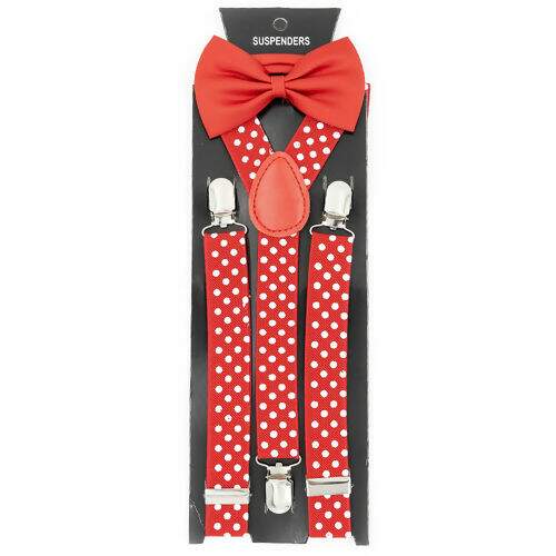 Suspensório e Gravata Borboleta Tamanho Adulto - Vermelho e Bolinhas Brancas