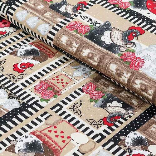 Tecido de Algodão Estampado (Meio Metro) - Galinha Quadros