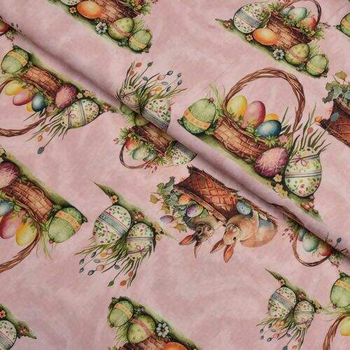 Tecido de Algodão Estampado (Meio Metro) - Coelhinhos da Páscoa Fundo Rosa