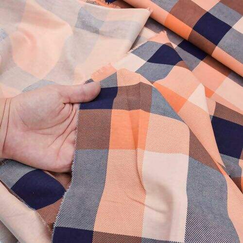 Tecido de Algodão Estampado (Meio Metro) - Xadrez Laranja e Marinho