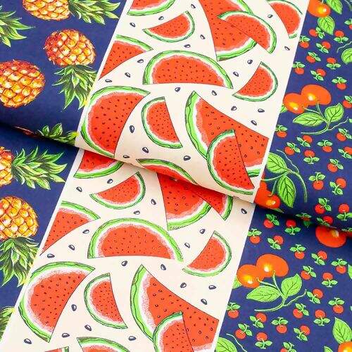 Tecido de Algodão Estampado (Meio Metro) - Faixas Frutas Fundo Marinho