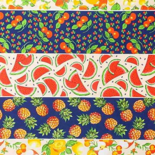 Tecido de Algodão Estampado (Meio Metro) - Faixas Frutas Fundo Marinho