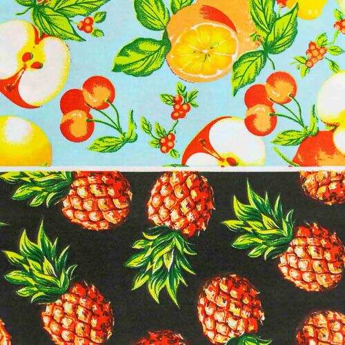 Tecido de Algodão Estampado (Meio Metro) - Faixas Frutas Fundo Preto