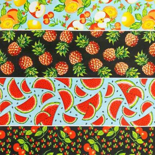 Tecido de Algodão Estampado (Meio Metro) - Faixas Frutas Fundo Preto