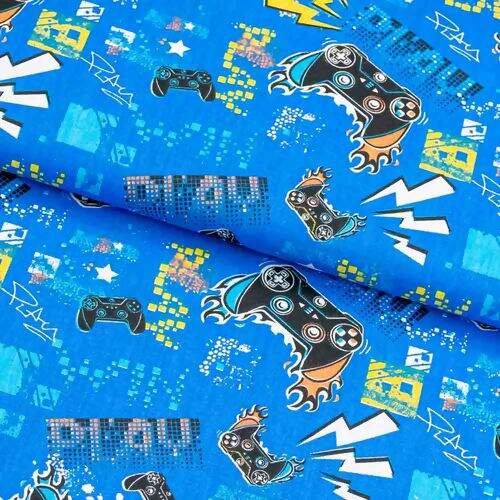 Tecido de Algodão Estampado (Meio Metro) - Game Fundo Azul