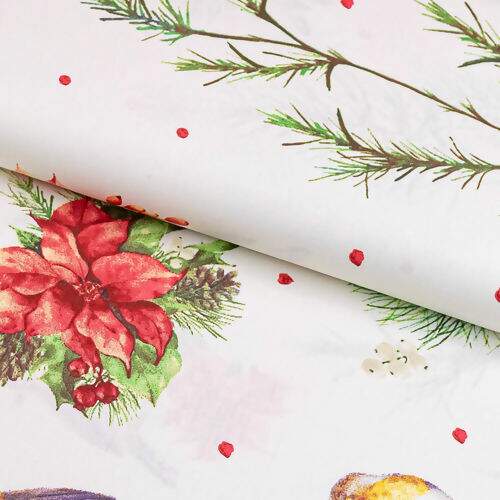 Tecido de Algodão Estampado (Meio Metro) - Natal Poinsétias e Pássaros