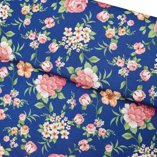 Tecido de Algodão Estampado (Meio Metro) - Floral Fundo Marinho