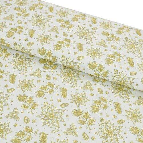 Tecido de Algodão Estampado (Meio Metro) - 2652 Natal Floral Branco e Dourado