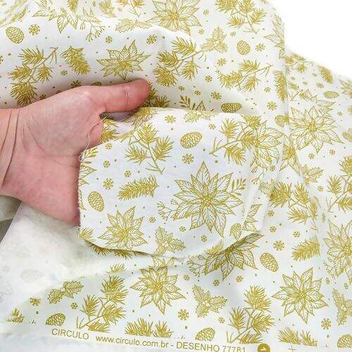 Tecido de Algodão Estampado (Meio Metro) - 2652 Natal Floral Branco e Dourado