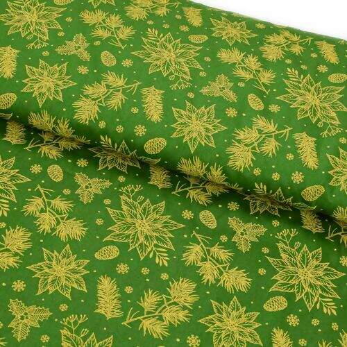 Tecido de Algodão Estampado (Meio Metro) - 2651 Natal Floral Verde e Dourado