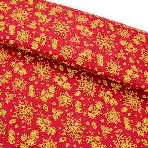 Tecido de Algodão Estampado (Meio Metro) - 2650 Natal Floral Vermelho e Dourado