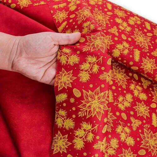 Tecido de Algodão Estampado (Meio Metro) - 2650 Natal Floral Vermelho e Dourado