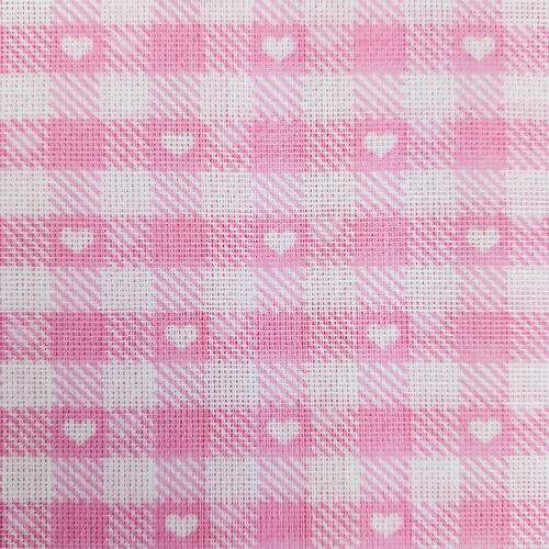 Tecido Popeline 100% Algodão Xadrez Rosa e Branco com Corações 1 Metro