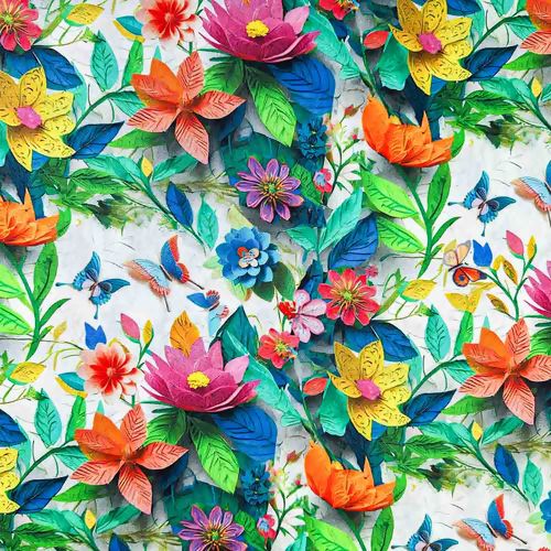 Tecido Tricoline Estampa 3D Flores e Borboletas 0,50x1,50m