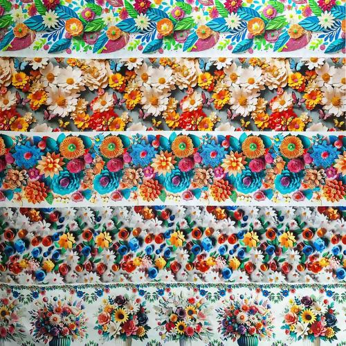 Tecido Tricoline Estampa 3D Flores e Borboletas Faixas 0,50x1,50m