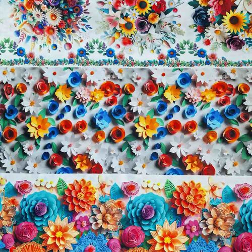 Tecido Tricoline Estampa 3D Flores e Borboletas Faixas 0,50x1,50m