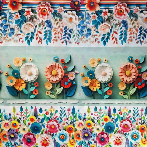 Tecido Tricoline Estampa 3D Flores e Borboletas Faixas 0,50x1,50m