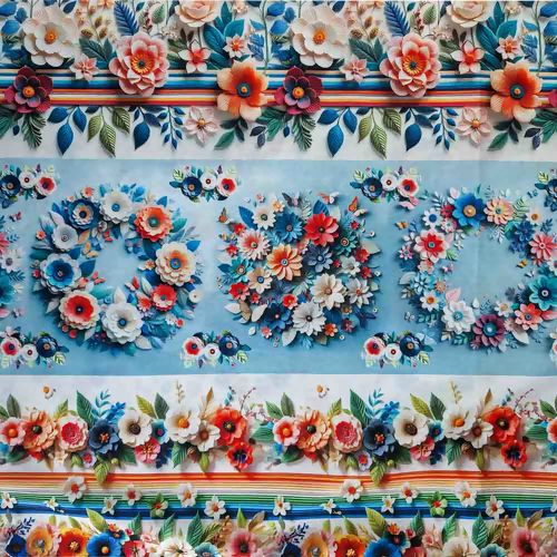 Tecido Tricoline Estampa 3D Flores e Borboletas Faixas 0,50x1,50m