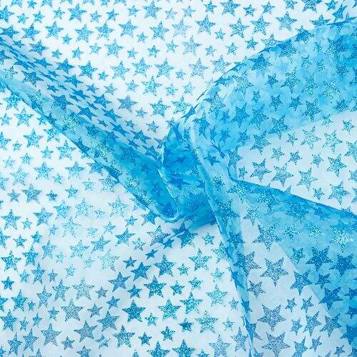 Tecido de Organza Glitter Estrela 1,48 mt de Largura Azul - 1 Metro