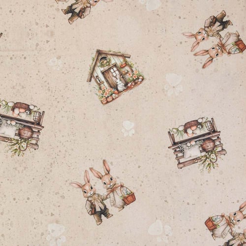 Tecido de Algodão Estampado (Meio Metro) - Páscoa Coelhinhos Fundo Bege
