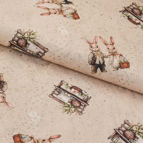 Tecido de Algodão Estampado (Meio Metro) - Páscoa Coelhinhos Fundo Bege