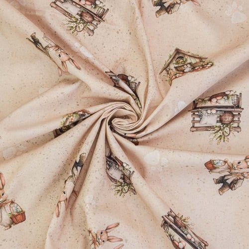 Tecido de Algodão Estampado (Meio Metro) - Páscoa Coelhinhos Fundo Bege